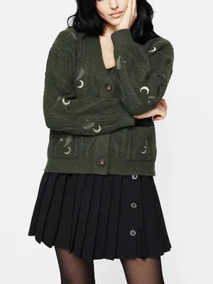 Disturbia Dianne Embroidered Cable Knit Cardigan Moon Star Fern Olive Green Knit thumbnail 7