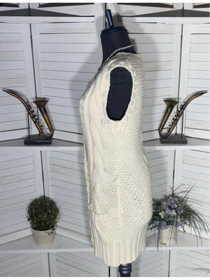 Bebe vintage Y2K long knit vest cream cable knit pockets coquette cottage boho thumbnail 4