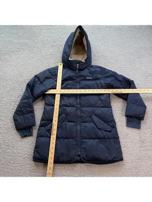 Patagonia Navy Down Hooded Parka Jacket Small Fleece Lined Worn Wear Winter Coat thumbnail 3