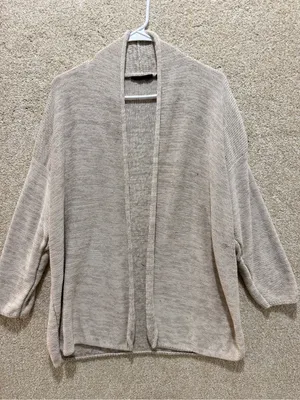 Neutral knit silk linen cardigan open front minimalist marled made in italy Flaw thumbnail 1