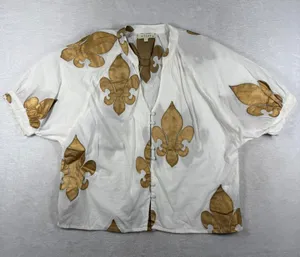 STARK X White Gold Fleur de Lis Metallic Cotton Button Front Blouse Small thumbnail 1