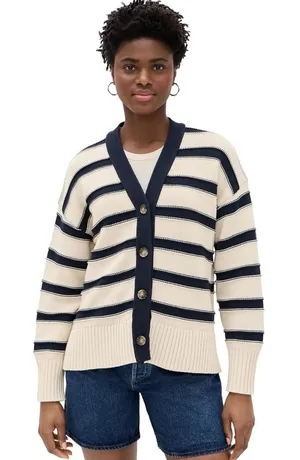 Madewell Striped Navy Cream V Neck S Button‎ Front Knit Cardigan Sweater Women thumbnail 1