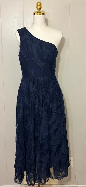 Dress the Population One Shoulder Textured Midi Dress Navy Blue Size L thumbnail 1