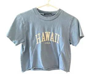 Brandy Melville Hawaii‎ USA Graphic Crop Top Light Blue Raw Hem Short Sleeve Tee thumbnail 1