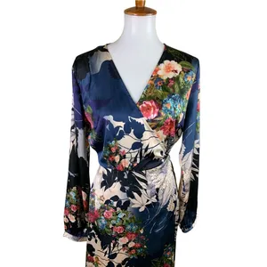 Lulus Navy Floral Long Sleeve Wrap Maxi Dress Romantic Wedding Guest L thumbnail 3