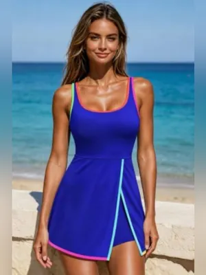 RIHOAS Royal Blue Swimdress with Neon Pink & Lime Trim thumbnail 3