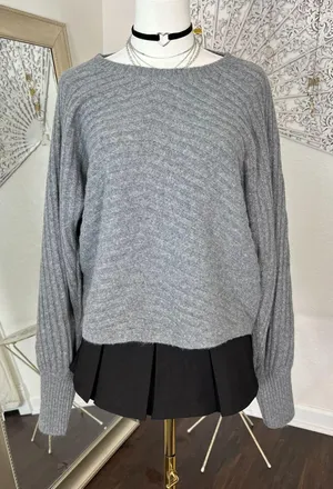 Chunky Boxy Soft Grey Oversized Bat Sleeve Sweater Pink Rose NWT XL thumbnail 1