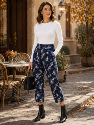 Club Monaco 2 Navy Floral wide leg cropped culottes Palazzo high-rise pleated thumbnail 3