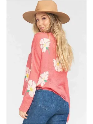 Show Me Your MuMu Coral Pink Floral Distressed Crewneck Sweater Size medium thumbnail 2