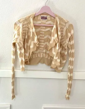 Anthropologie Ruffled Motion Shrug Cardigan by Rosie Neira Size M Beige Chevron thumbnail 1
