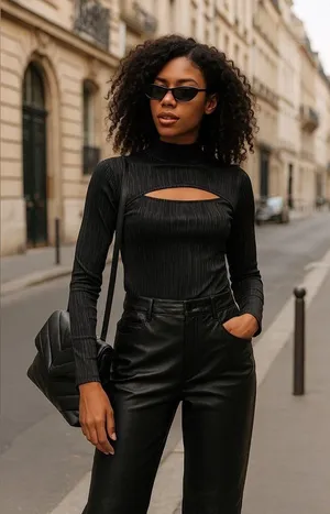 Leith pleated Cutout Front Mock Neck blouse thumbnail 1