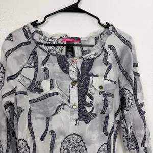 Custo Barcelona Tunic Womens Size 2 Gray Floral Bird Print Drawstring Waist Top thumbnail 2
