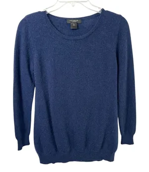 Ann Taylor Medium Cashmere Sweater Navy‎ Blue Scoop Neck Pullover Old Money 1670 thumbnail 1