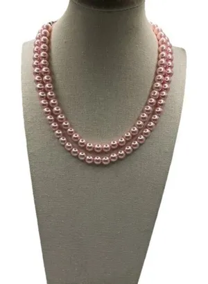 Vintage Pink Tone Double Strand Pink Faux Pearl Lightweight 33” Necklace thumbnail 1