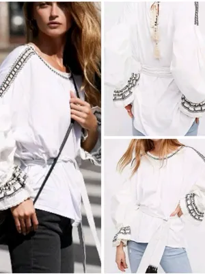 Free People On Holiday Embroidered Sash Waist Blouse White Size Small thumbnail 2