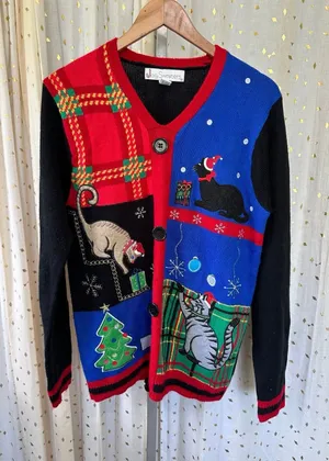 Vintage Jolly Sweaters Crazy Cat Lady Embroidered Pull Over Christmas Sweater M thumbnail 1