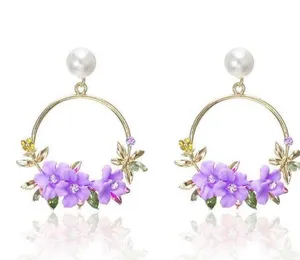 Women's Pearl Crystal Flower Dangle Drop Hoop Earrings thumbnail 2