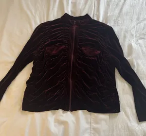 Ashley Stewart Burgundy Maroon Velvet Zip Up Ruched Pockets Long Sleeve thumbnail 1