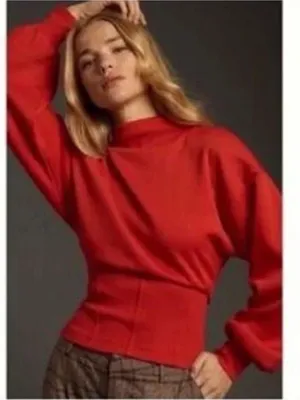 Maeve by Anthropologie Red Corset-Waist Mock Neck Pullover Sweater XS thumbnail 1