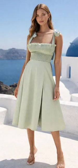 NWT House Of CB Carmella Midi in Sage Green Smocked Tie Strap Tank Dress XS thumbnail 1