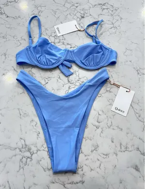 NWT Quince Light Blue Italian Demi Bikini Top & High Leg Bottom Set Size Small thumbnail 1