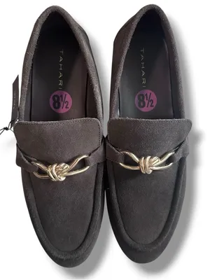 Tahari Trinity Loafers Flats Shoes Womens 8.5 Brown Suede Gold Knot Bit-NWOB thumbnail 1