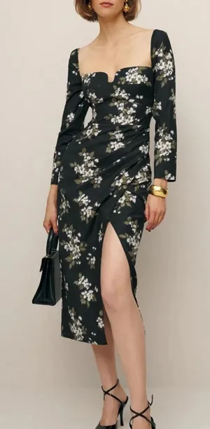 Reformation Floral Sweetheart Neck Midi Dress Long Sleeve Side Slit Size 6 . thumbnail 1