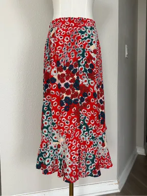 Boho Floral Ruffle Midi Skirt Asymmetrical Daisy Print Hippie Whimsical Skirts thumbnail 2
