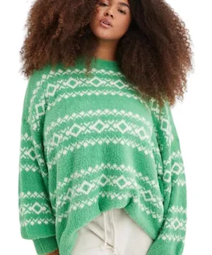 NWOT Aerie Flurry Oversized Crew Neck Green White Sweater thumbnail 1