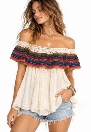 Jens Pirate Booty Womens Ivory Off Shoulder Top Medium Crochet Stripe Boho thumbnail 1