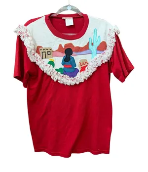 Vintage Southwestern Applique Tee Sz Large Folk Art Fringe Trim Adobe Santa Fe thumbnail 1
