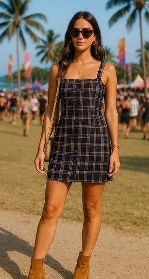 SO Plaid Mini Dress Dark Academia Summer Button Up Boho Baddie Festival Preppy M thumbnail 1