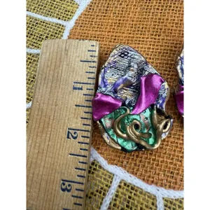 Vtg Mixed Media UNIQUE ABSTRACT‎ ART GEOMETRIC CLIP EARRINGS FASHION 80's thumbnail 4