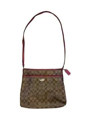 Coach Signature Logo All Over Pattern Crossbody Leather Beige Pink thumbnail 1