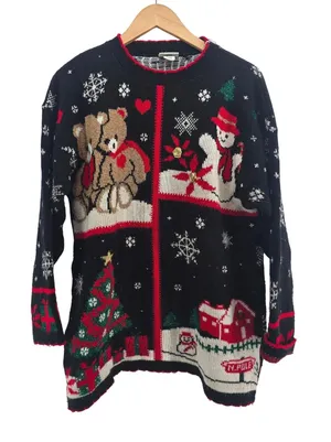 Classic Elements Sweater Womens Large Ugly Christmas Teddy Bear Snowman Black thumbnail 1