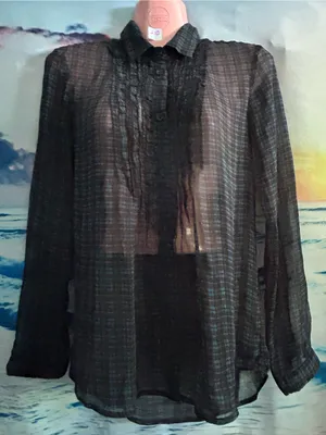 American Eagle Women’s Sheer Black Plaid Button-Up Blouse SM thumbnail 1
