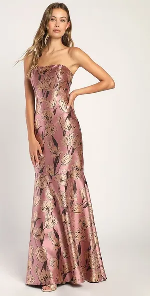 NWT Lulus Gowning Around Mauve Floral Jacquard Strapless Maxi Dress Party Gala L thumbnail 1