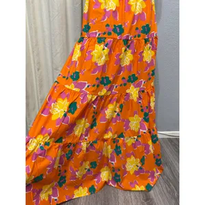 Lulus 100% Cotton‎ Maxi Skirt M Orange Floral Tiered High Waist Boho Summer thumbnail 13