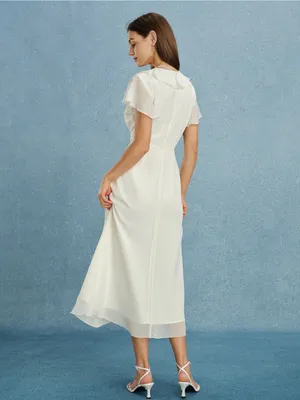 Rihoas Apricot V Neck Ruffle Chiffon Midi Dress thumbnail 6