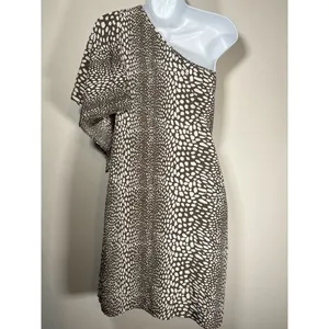 One‎ Shoulder Animal Print Mini Dress Brown White Quiet Luxury Old Money Size XS thumbnail 5