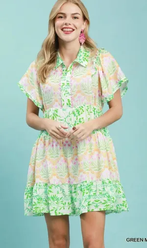 Umgee Mixed Floral Tiered Mini Dress with Flutter Sleeves - Green Mix - Medium thumbnail 1