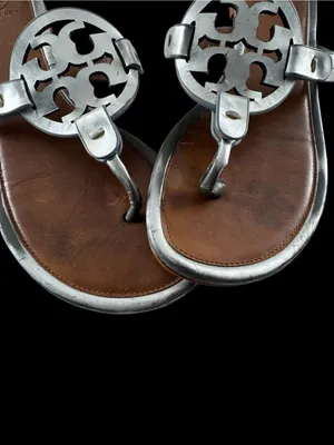 Tory Burch Brown Leather Sandals with Silver Logo Medallions thumbnail 4