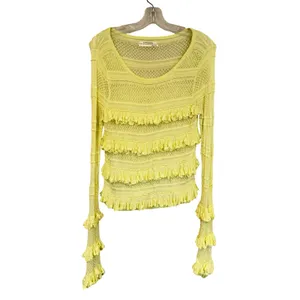 Anthropologie Ruffle Open Knit Sweater Womens Large Lime Green Feminine Coquette thumbnail 6