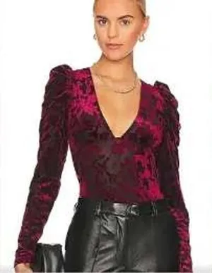 Free People Women Bodysuit S Burgundy Midnight Combo Burnout Velvet Puff Sleeve thumbnail 1