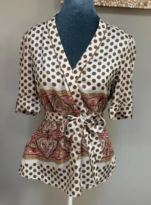 BCBGMAXAZRIA silk polka dots paisley print wrap top snap closure size small tie waist thumbnail 1