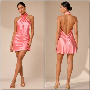 NEW Lulus Coral Pink Beyond Classy Sleek Satin Halter Open Back Chic Mini Dress thumbnail 2