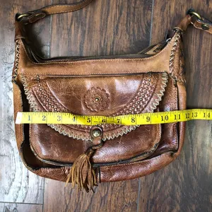 Patricia Nash Camila Hobo Bag Distressed Leather Saddle Messenger Purse Tassel Brown Cognac #boho #western #cottagecore #festival #vintage Measurement in pics thumbnail 5