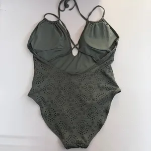 Aerie‎ olive green eyelet deep v-neck strappy one piece swimsuit bathing suit L thumbnail 4