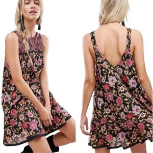 Free People Oh Baby Mini Dress Black Floral Smocked Sleeveless XS OB500470 thumbnail 2