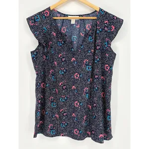Motherhood Maternity Floral Flutter‎ Sleeve Blouse Navy Pink Dotted Top Large thumbnail 2